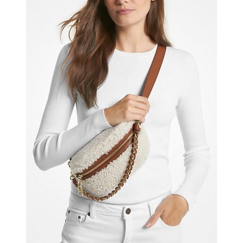 NWT MICHAEL KORS Sling Sherpa Gold Chain Messenger Handbag with Leather Trim - Picture 9 of 12